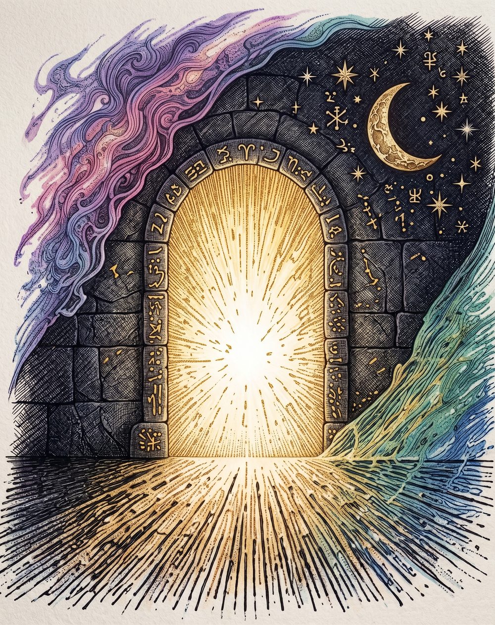 A hand-drawn archway opening onto warm light beneath a starry, colourful sky