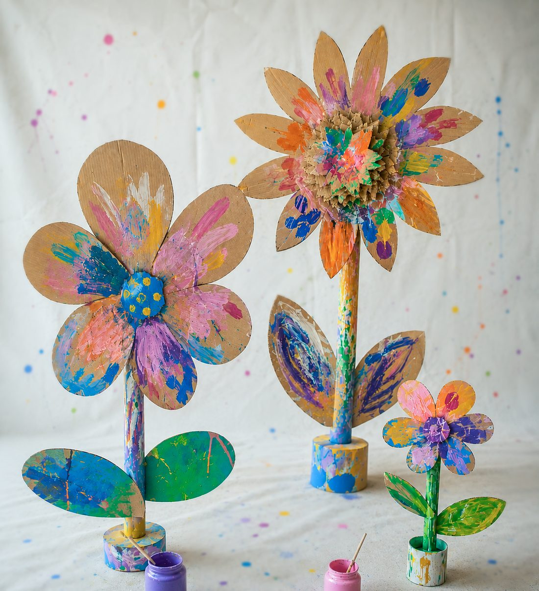 Bright handmade paper flowers made by young artists