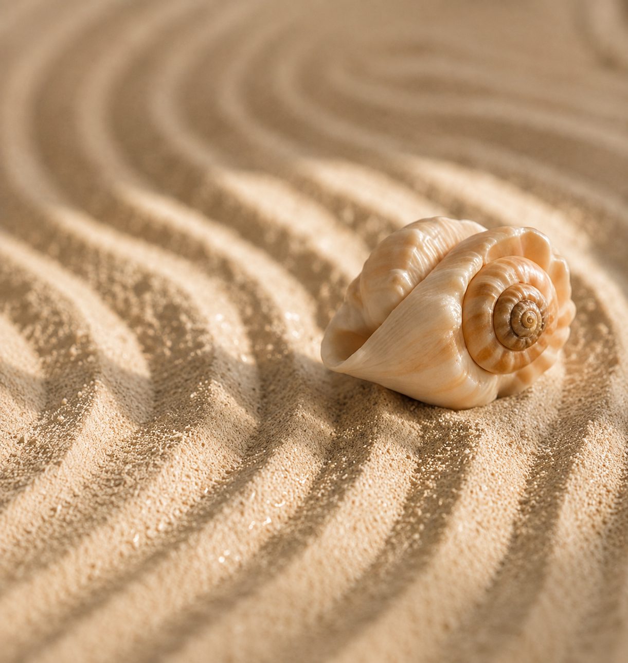 A shell resting in gently raked sand